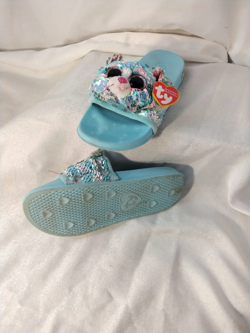 Ty Light Blue Sequin Bear Kids Slide Sandals